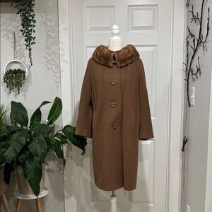 Vintage Cashmere Brown Pea Coat with Fur Collar